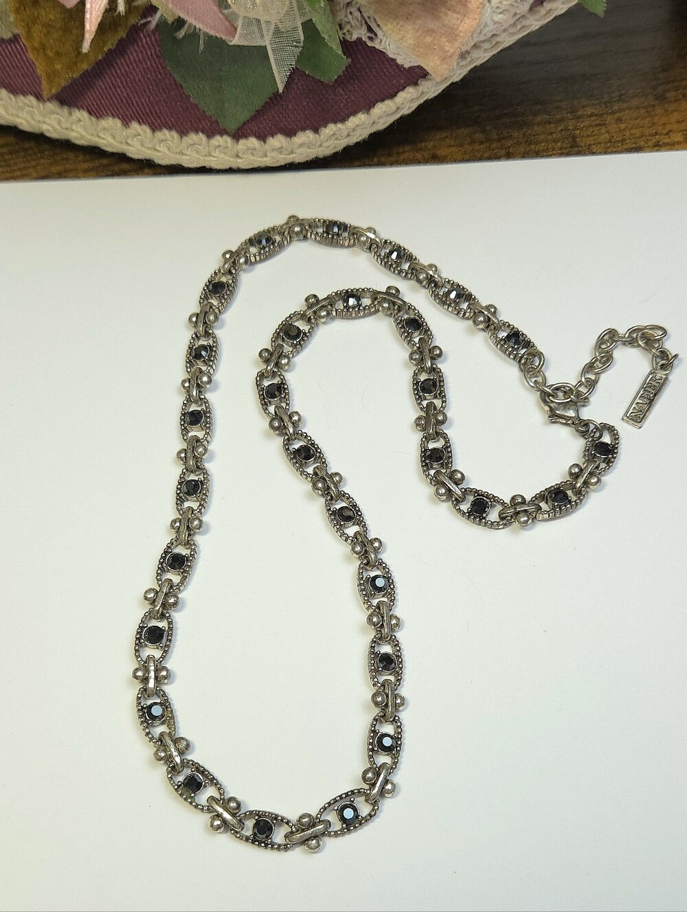 Vintage Napier Black Crystal Ornate Silver Linked Necklace 20"
